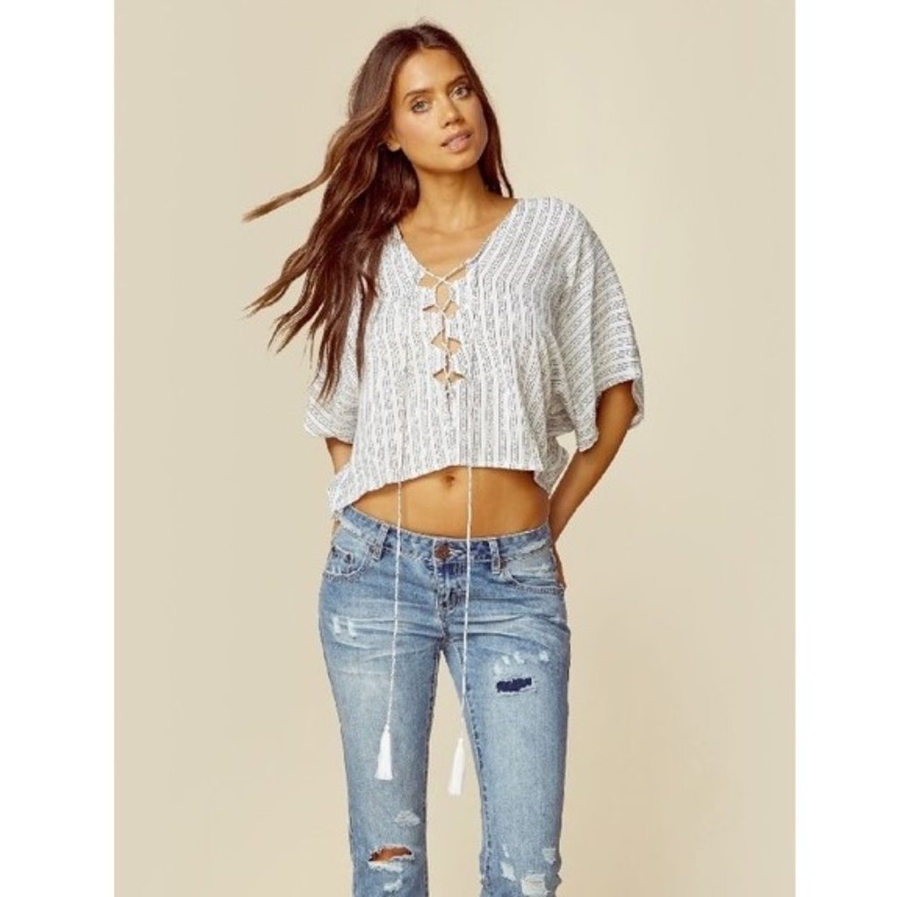 INDAH Lace-Up White Top with Chevrons, Stripes